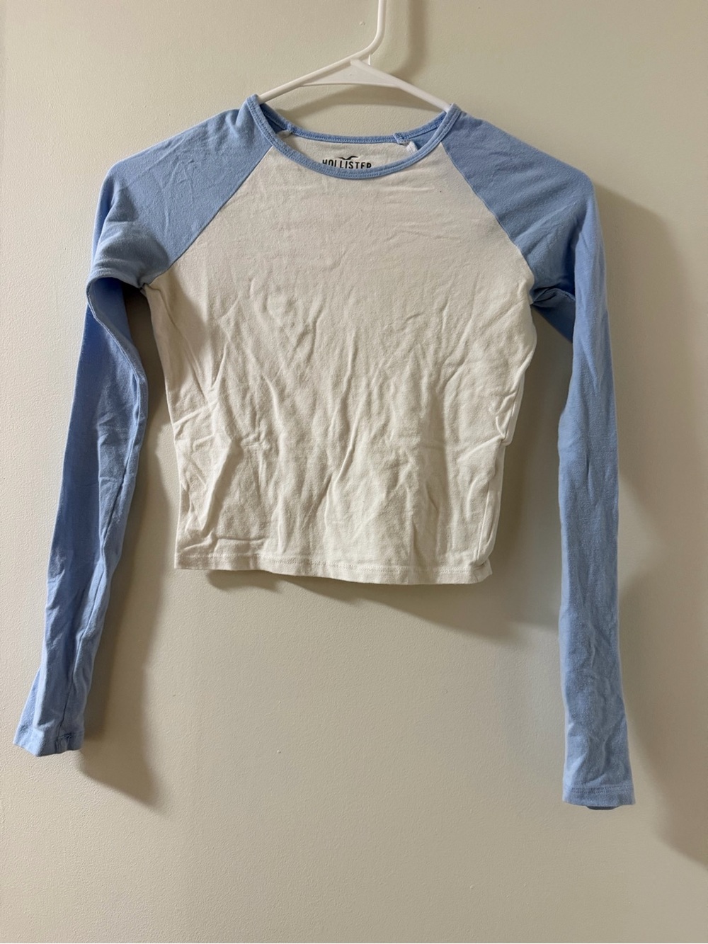 Hollister White & Light Blue Raglan Long Sleeve Tee